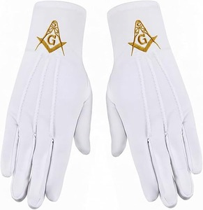 Gold Square & Compass Masonic Embroidered Cotton Gloves - [<b>White</b>] One Size Fits Most Perfect for Your Ceremonial Needs - Product Image 1