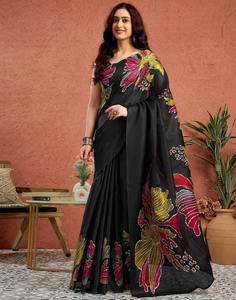 Sari en soie japonaise Sartin avec bordure et chemisier contrastant pour femme, fabriqué en Inde - Product Image 3