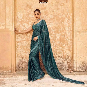 Saree de qualité lourde avec travail de broderie de séquence de Khichdi sur le tissu Georgette pour la Collection de vêtements de fête et de Festival des femmes - Product Image 1