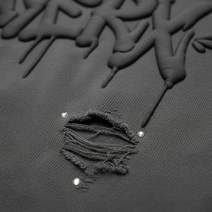 Sweat à capuche streetwear pour homme, de haute qualité, hiver, délavé à l'acide, effet usé, lourd 500 g/m², graffiti, strass en verre, effet 3D - Product Image 4