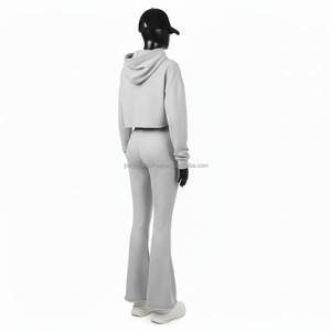 <b>Women</b> Luxury Waffle Texture <b>Tracksuit</b> 270 GSM Cotton Blend <b>Grey</b> Crop Hoodie Flare Bottom Embroidery Logo <b>Tracksuits</b> Plus size - Product Image 5