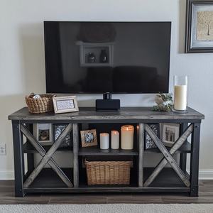 <b>Rustic</b> <b>Farmhouse</b> TV Stand Console <b>Table</b> with X-Frame Shelves, Solid Wood Look Media Center for Living Room - Product Image 3