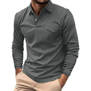 Polo décontracté à manches longues d'excellente qualité avec poche poitrine Chemise unie à col boutonné de coupe régulière - Product Image 2