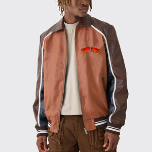 Chaqueta Bomber de Béisbol con Paneles de Cuero 100% Puro, Diseño Color Block, Logotipo Bordado Personalizado, Transpirable y Gruesa para Hombre - Product Image 1