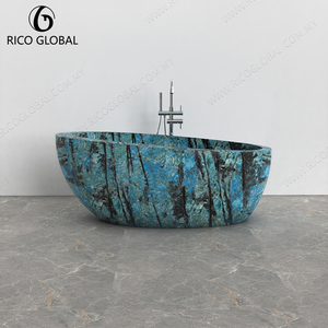 Bañera de Hidromasaje Minimalista de Mármol Azul Claro, Independiente, con Rayas Horizontales, de Lujo y Alta Gama, Decoración de Baño de Primera Clase, Marca OEM - Product Image 6