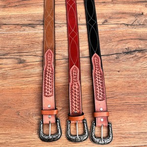 Ceinture en cuir suédé véritable usinée à la main avec point de botte Western Basket Weaves Ceintures de cowboy et de cowgirl en cuir de vachette faites à la main - Product Image 2