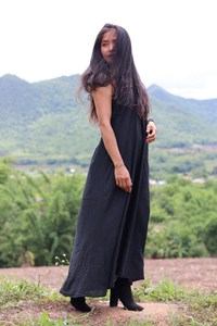 Holiday Women's 100% Cotton Summer Maxi Sexy Backless <b>Button</b> Decoration V-Neck Plain <b>Black</b> Dye Floor-Length for Autumn Season - Product Image 2