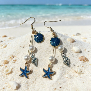 <span class=keywords><strong>Orecchini</strong></span> Lunghi Trendy Bohemien da Vacanza con Pendente in Lega a Forma di Stella Marina <span class=keywords><strong>Blu</strong></span> Geometrica con Smalto a Goccia, Perla Sintetica e Nappa - Product Image 3
