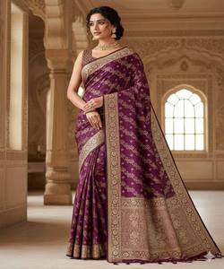 Sari en soie FANCY DOLA avec travail Zari et Meenakari, avec blouse non cousue, pour fêtes et occasions spéciales, prix de gros, ethnique, violet - Product Image 1
