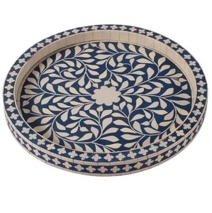 Bandeja de incrustaciones de hueso indio floral hecha a mano Impresionante color azul para el precio de servicio de hotel o motel en casa - Product Image 2