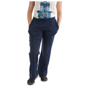 Pantalon et pantalon droit pour femme bleu foncé à cordon élastique avec ceinture élastique et deux poches sur les côtés - Product Image 1