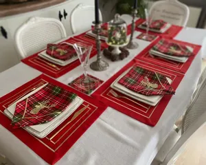 Christmas <strong>Tartan</strong> Plaid <strong>Napkins</strong> with Deer Happy New Year Tree Factory Custom Cotton Embroidered Red Placemats <strong>Napkins</strong> and Runner - Product Image 2