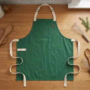 Delantal sin mangas de lona verde estilo sencillo con bolsillos, resistente al agua, lavable a máquina para cocinar y uso diario - Product Image 5