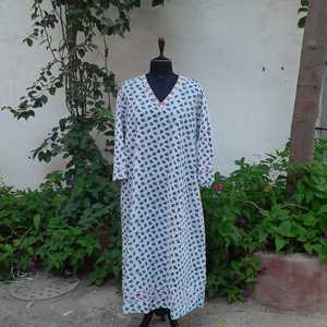 Vestido Largo Informal de Algodón de Alta Calidad con Estampado en Bloque, Escote en V y Manga Larga, Ajuste Holgado, Ropa Casual para Mujer - Product Image 2