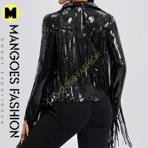 Women's Autumn Winter Black Color <b>Sequin</b> Party <b>Jackets</b> Sparkly Long Sleeve Open Front Tassel Blazers Cotton Filling Quilted - Product Image 4