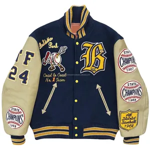 Chaqueta universitaria informal con mangas de cuero real y cuerpo de lana bordada de chenilla personalizada de alta calidad - Product Image 1