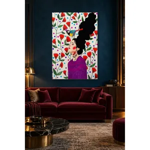 Fida Femme en profil avec oiseau sur fond blanc avec fleurs rouges Impression sur toile - Product Image 3