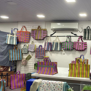 Bolsa de compras de nailon reciclado tejido telar a rayas de moda de alta calidad con cremallera reutilizable personalizada ecológica bolsas de playa cosméticos - Product Image 1