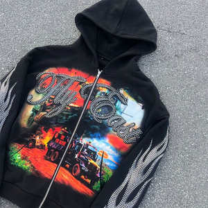 Sudadera con capucha de algodón con diamantes de imitación 100%, ropa de calle de moda, estampado Digital con letras, diamantes de imitación gráficos, sudadera con cremallera para hombre - Product Image 4