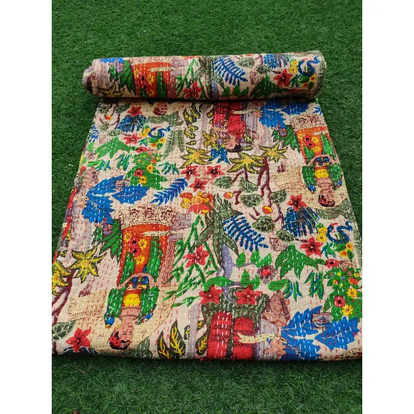 Foda KhaIo Indian Selimut Buatan Tangan Seprai Sofa Melempar Katun Kantha Selimut Buatan Tangan Melempar Selimut Bohemian Dekorasi Rumah