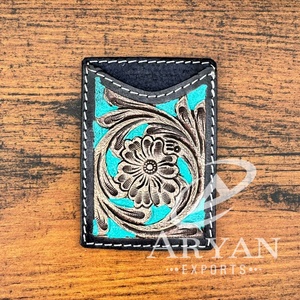 Nouveau Top vente cheveux faits à la main sur métallique en cuir usiné porte-cartes de crédit Turquoise Flare porte-cartes portefeuille cadeau pour lui et elle - Product Image 1