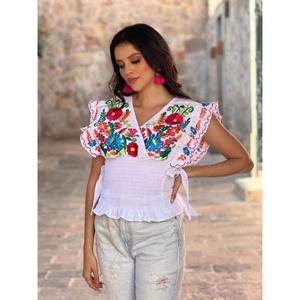 เสื้อผู้หญิงสีเหลืองปักลายดอกไม้สไตล์เม็กซิกัน ผ้าฝ้าย ปักลายดอกไม้รอบเอว แขนสั้น สไตล์ลำลอง - Product Image 2