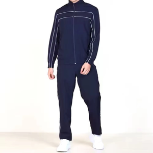 Ensemble de survêtement unisexe bleu marine, style sportif, respirant, en polyester, deux pièces, avec fermeture éclair intégrale, poches latérales, coupe classique, idéal pour l'été - Product Image 1
