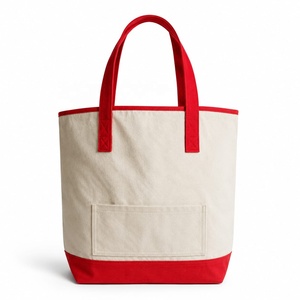 MORGANS INDUSTRIES <b>Canvas</b> <b>Tote</b> Bag Beige Red Handles Minimalist Style Open Top Zipper Closure Embroidery All Seasons Bag - Product Image 1