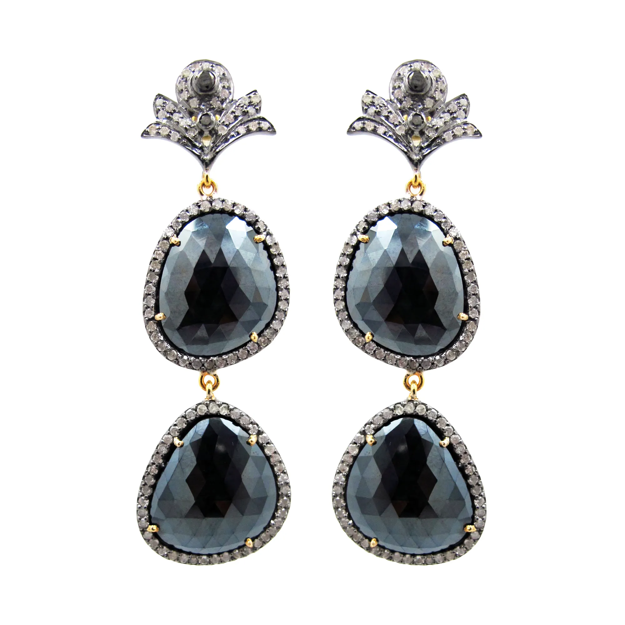 Tersedia Pave Berlian Prong Pengaturan Hitam Spinel 14K Emas Menjuntai Anting 925 Perak Murni Grosir Perhiasan Pemasok