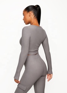 Smoke <b>Grey</b> Color <b>Women</b> Ribbed Long Sleeve Crop Top with the Matching <b>Legging</b> with Side Flap Pocket Style - Product Image 3