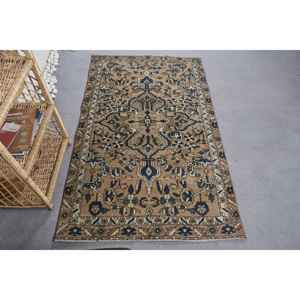 Classique Beige Bleu Laine Tapis À La Main Patchwork Conception Latex Support Rectangle Couloir Modèle pour Chevet Salon 3.4X5.7 ft - Product Image 1