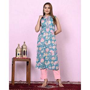 Kurta Recta de Algodón con Estampado Floral Azul para Mujer, Cuello Mandarín, Transpirable, con Aberturas, Talla XS/Talla Única para el Día - Product Image 2