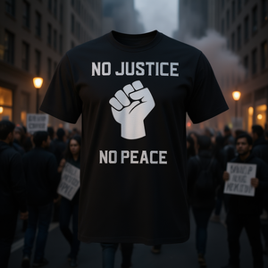 T-shirt No Justice No Peace Power Fist noir unisexe pour adulte, col rond, manches courtes, promotionnel - Product Image 3