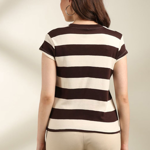 Women's Striped Cap Sleeve Crew Neck T-Shirt Regular Fit Knitted Cotton Casual <b>Top</b> Spring Summer Wear - Product Image 2