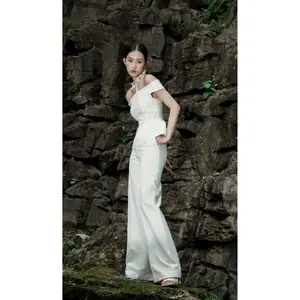 Celana Ribbed klasik untuk wanita kokoh MAYA celana kaki lebar kain tenun spandeks Rayon kualitas tinggi ukuran S M L Putih nama merek