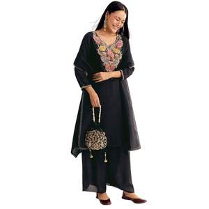 Black Zardosi Work Dola <b>Silk</b> Kurta Palazzo Suit With <b>Organza</b> Dupatta Wholesale Women Ethnic Apparel OEM Factory Bulk Supplier - Product Image 2