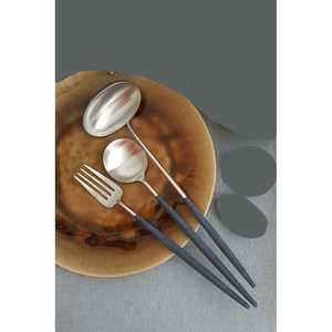 Ensemble de couverts en argent, cuillères, fourchettes et couteaux, luxe, manche noir, acier inoxydable, pour la maison, le restaurant, le mariage, l'hôtel - Product Image 1