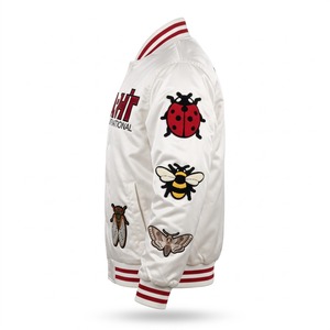 Chaqueta Bomber de Satén Personalizada para Hombre, Blanca con Parche de Chenilla Escarlate de Caterpillar, Forro Sublimado, Logotipo Personalizado OEM - Product Image 4