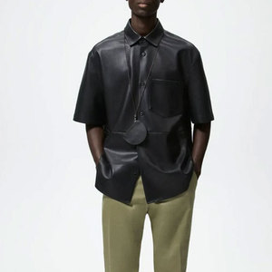 Men's Casual Short Sleeve <b>Leather</b> <b>Shirts</b> with Turn Down Collar Winter Bulk Quantity Custom Logo Reasonable Price - Product Image 4