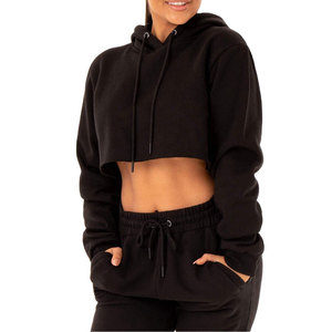 wholesale blank cotton hoodie <b>ladies</b> GYM <b>long</b> sleeve tracksuit womens crop <b>tops</b> hoodie custom LOGO cropped raw hem hoodies - Product Image 5