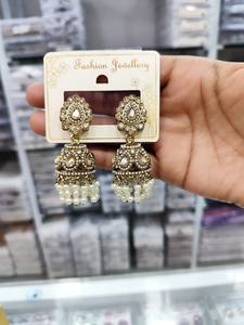 Elegantes conjuntos de joyería de fiesta de acero inoxidable bordado de perlas Jhumka Bindi ropa de boda tradicional - Product Image 2