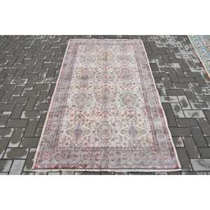 Alfombra Turca de Lana con Borde Rosa Vintage, 3.8x6.7 pies (117x204 cm) - Product Image 1