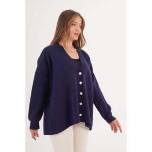 Cárdigan Casual Holgado Azul Marino al por Mayor con Detalle de Botones para Uso Diario - Product Image 4