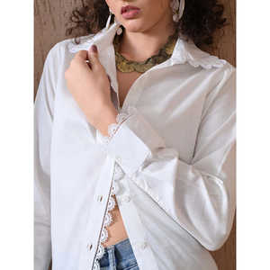 Chemise en viscose à col montant, coupe classique, avec détails en dentelle festonnée, style bohème moderne, tissée respirante, pour le bureau et l'été - Product Image 1