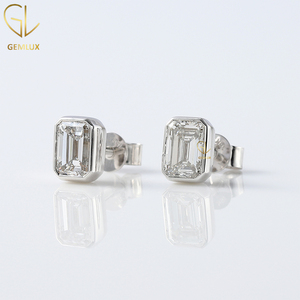 14k Solid White <b>Gold</b> Emerald Cut D VVS Moissanite Diamond Bezel Set <b>Screw</b> <b>Back</b> Stud Solitaire <b>Earrings</b> - Product Image 3