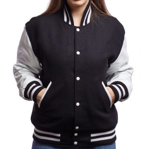 Chaqueta Varsity Morada para Mujer, Manga Larga, Cuello con Botones en Color de Contraste, Estilo Bomber Casual de Otoño - Product Image 4