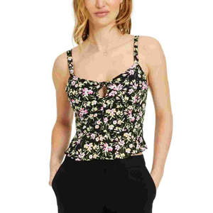 Camicetta in chiffon stampata floreale da donna Bar III, top corto con schiena arricciata e logo ricamato, taglia unica (XL) nera per l'ufficio - Product Image 1