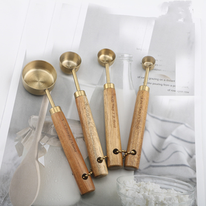 Vintage Gold Wooden Handle <b>Measuring</b> Cup and <b>Spoons</b> Set of 4 Kitchen Baking Tool Gold Cafe Scoop - Product Image 4