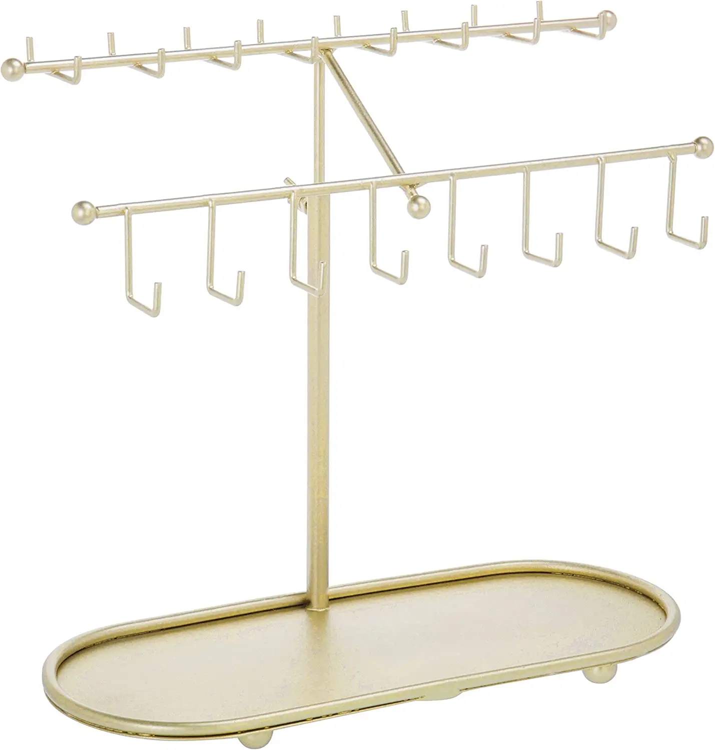 2-Tier Brass Metal Jewelry Organizer Stand Necklace Holder Stand with 24 Hooks Ring Tray and Adjustable Height