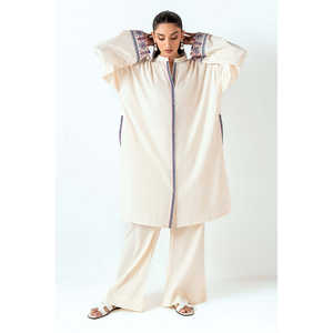 Ensemble coordonné bohème en crêpe froissé à imprimé vague crème pour femme, idéal printemps/été - Product Image 5